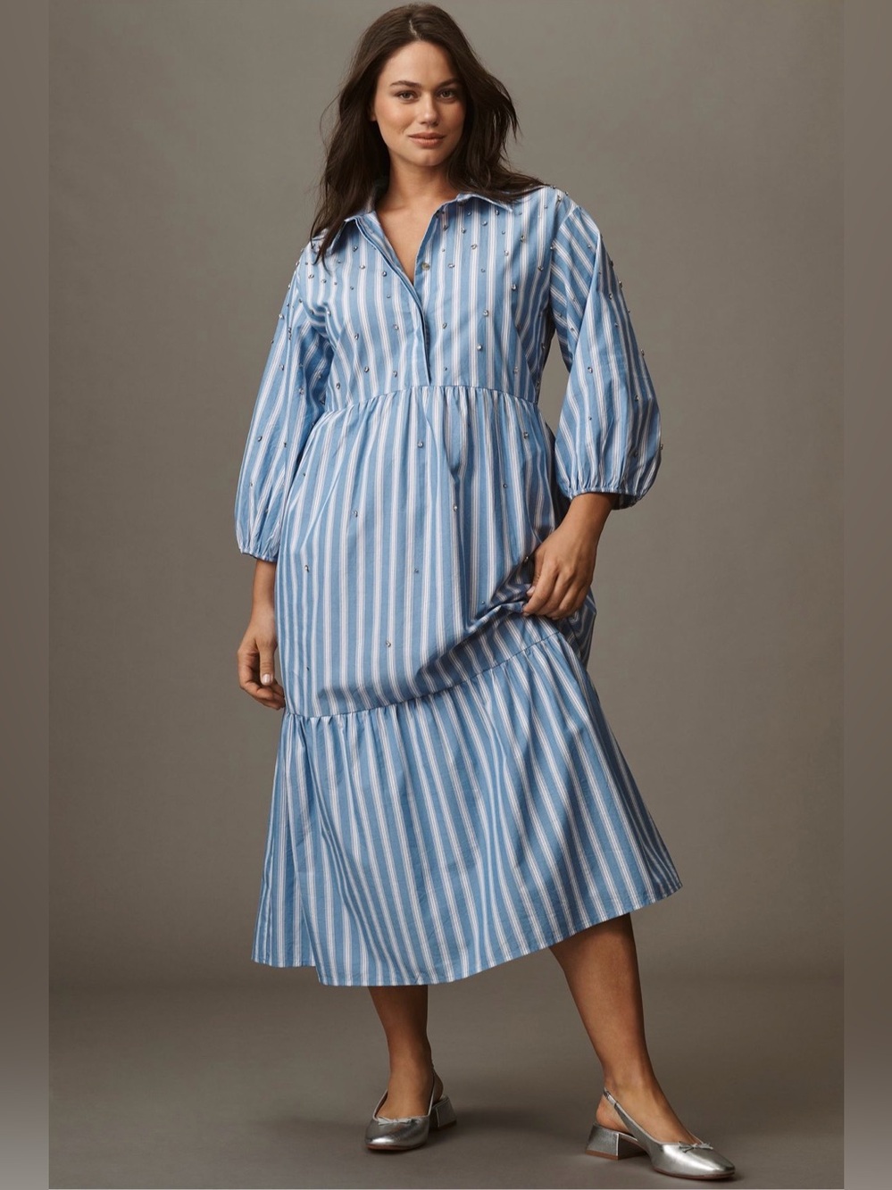 Maeve Bettina Embellished Tiered Shirt Dress in Blue Stripe - Women’s Size Small